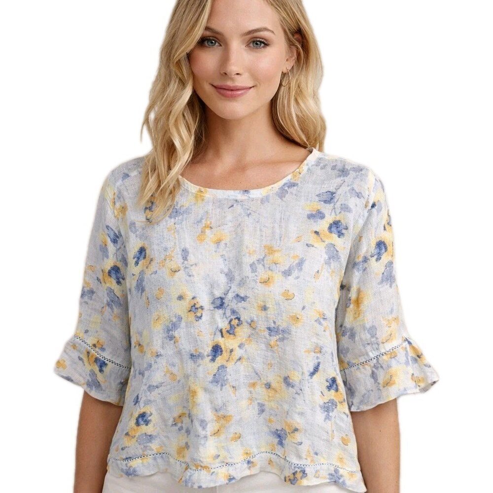 Pure Jill J Jill Linen Boxy Shirt Size XL Top Lagenlook White Floral t12